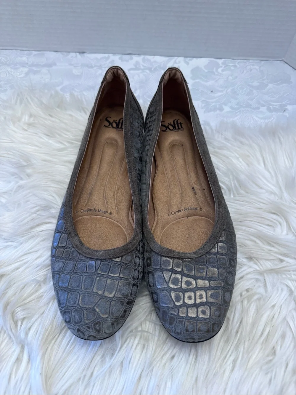 Sofft 10M Maretto Gray Croc Embossed Leather Ballet Flat Comfort Shoe Feminine